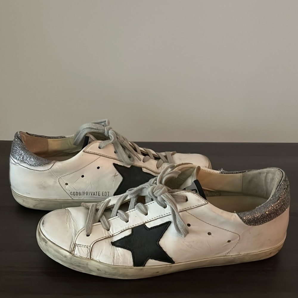 Golden Goose White Sneakers Black Star Silver Sparkles